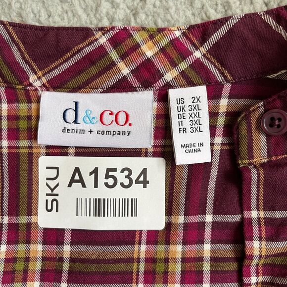 D&Co. Plaid Mandarin Collar Top‎ Women Size 2X Red Pocket Button Up - Picture 2 of 13